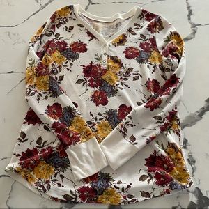 Thermal Henley Tee Long Sleeve Waffle Weave Shirt Floral Plus Size